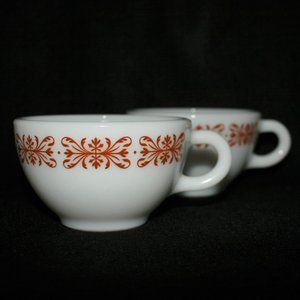 SET OF 2 Corning Pyrex Cups Copper Filigree Pattern Small White Cups & C Handle